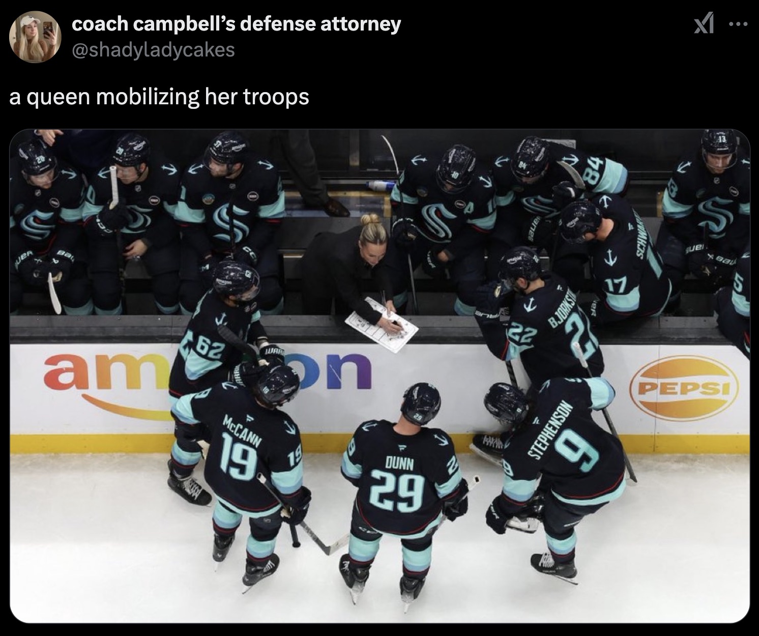 college ice hockey - Uer coach campbell's defense attorney a queen mobilizing her troops am 62 War Mccann 19 on Dunn 29 22 17 Stephenson 9 Bjorkst 2 eR 84 Schwar Pepsi Subi Bal